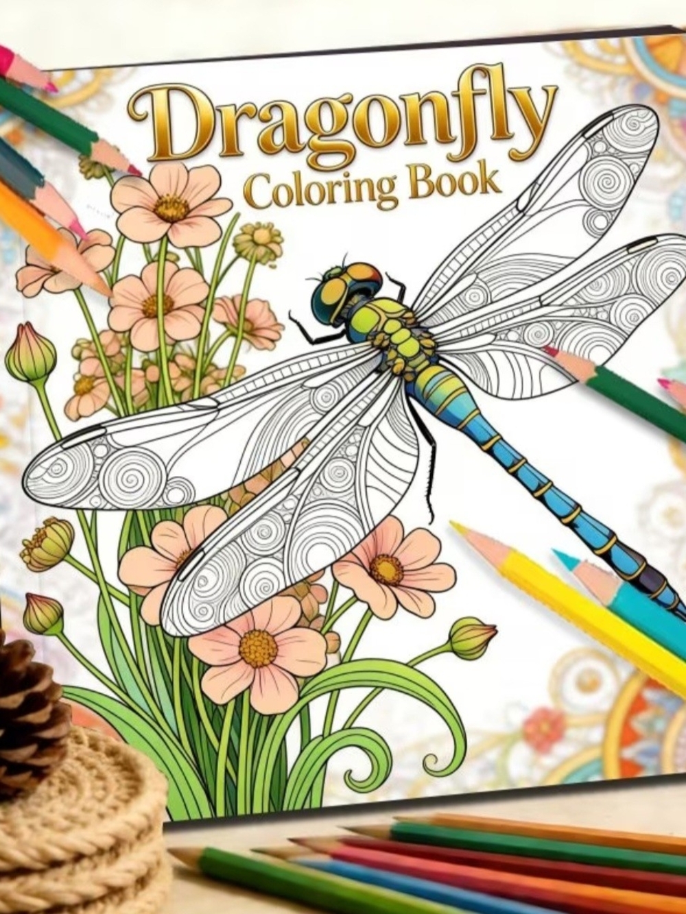 Dragonfly Coloring Book - Relaxing Floral Designs (Blue, Green, Peach)